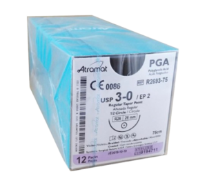 ATRAMAT PGA 3/0 R-26 absorbuojamas chirurginis siūlas, 75 cm, 1/2 apskritimo apvali adata, 26 mm